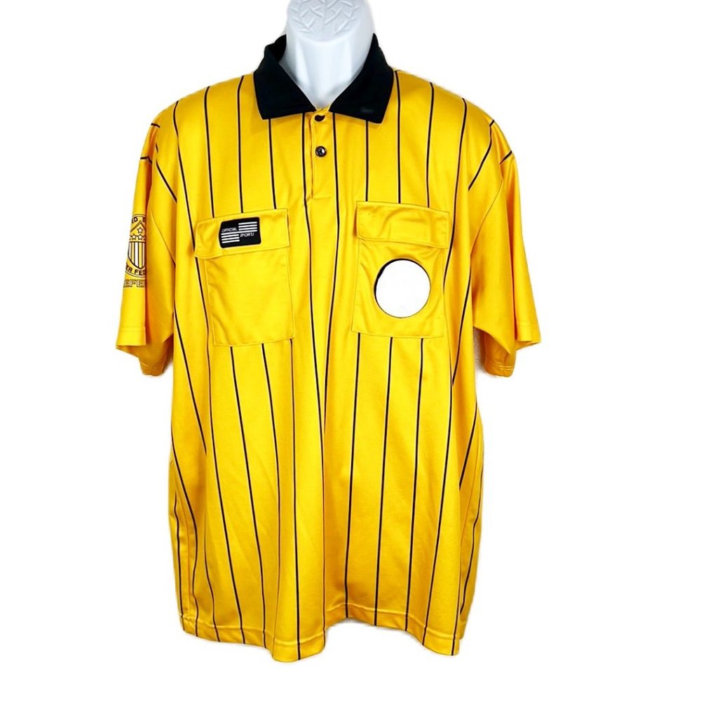 Official Sports Intl Polo Shirt Men Large Yellow Black Striped US Soccer Referee